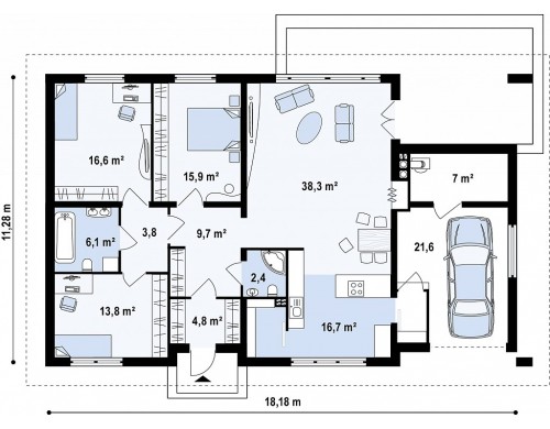 Проект одноэтажного дома традиционного характера с тремя удобными спальнями и встроенным гаражом - Z123
