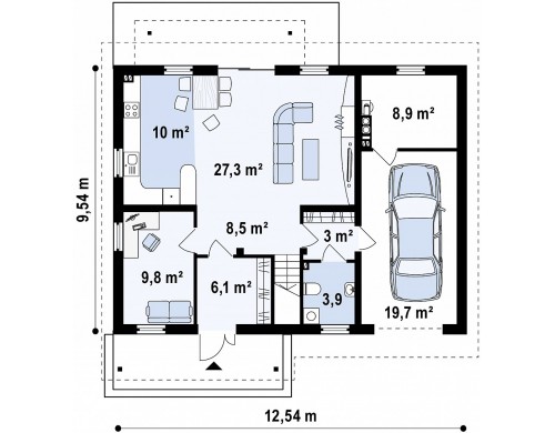 Проект практичного дома с мансардой, встроенным гаражом и дополнительной спальней на первом этаже - Z133
