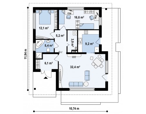 Проект компактного и функционального одноэтажного дома с фронтальным расположением дневной зоны - Z141