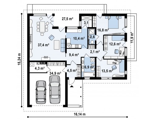 Проект одноэтажного c гаражом для двух авто, с возможностью обустройства мансарды - Z144