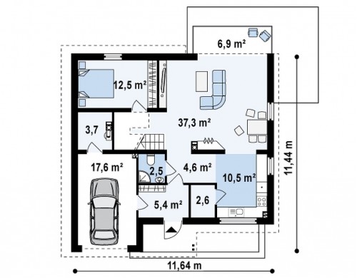 Проект дома с мансардой, с дополнительной спальней на первом этаже и с застекленной террасой - Z148