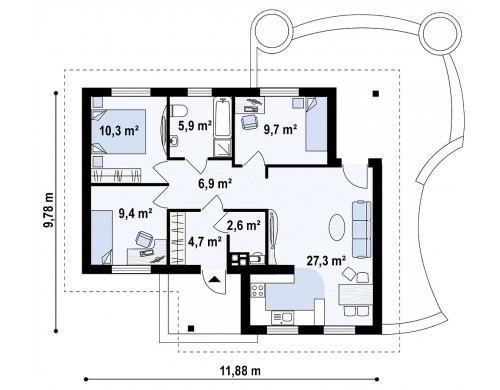 Проект небольшого комфортный одноэтажного дома в форме буквы «L» с тремя спальнями.