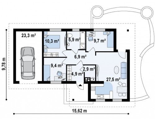 Проект Z15 GL Версия проекта Z15 со вcтроенным гаражом с левой стороны.  Проекты домов и гаражей
