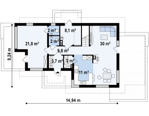 Проект удобного дом с мансардой, с дополнительным помещением для коммерческого использования на первом этаже - Z150