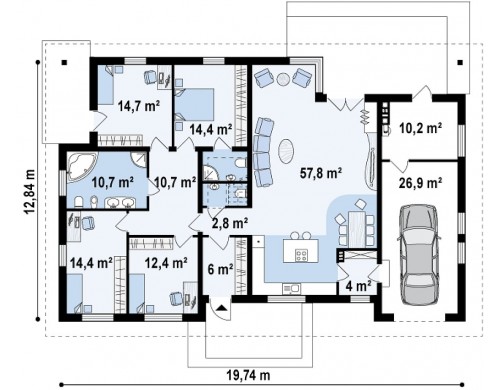 Проект Z153 Проект просторного одноэтажного дома с 4 спальнями.  Проекты домов и гаражей