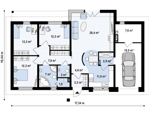 Проект одноэтажного дома с гаражом, с четко выделенной приватной зоной - Z165