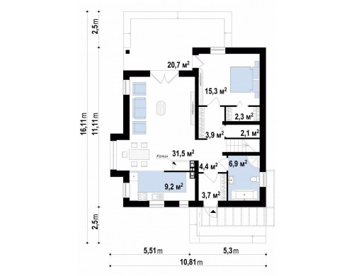 Проект дома с дополнительной комнатой на первом этаже и эркером в обеденной зоне - Z166