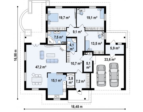 Проект одноэтажного дома с гаражом для двух машин - Z17