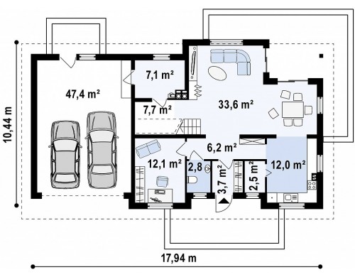 Проект дома с большим гаражом для двух автомобилей и дополнительной комнатой над ним - Z171