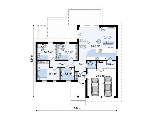 Проект Z190 Проект комфортного одноэтажного дома с фронтальным гаражом для двух машин.  Проекты домов и гаражей
