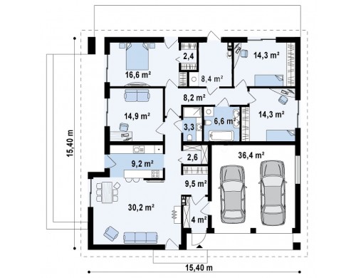 Проект одноэтажного дома с четырьмя спальнями и гаражом - Z196