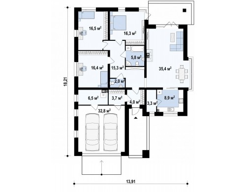 Проект одноэтажного дома с гаражом для двух автомобилей, с большой площадью остекления в дневной зоне - Z200
