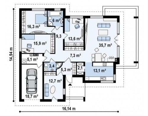 Проект одноэтажного дома с гаражом для одной машины и возможностью адаптации чердачного помещения - Z201