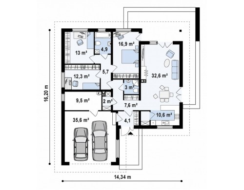 Проект удобного одноэтажного дома с гаражом для двух автомобилей и большим хозяйственным помещением - Z203