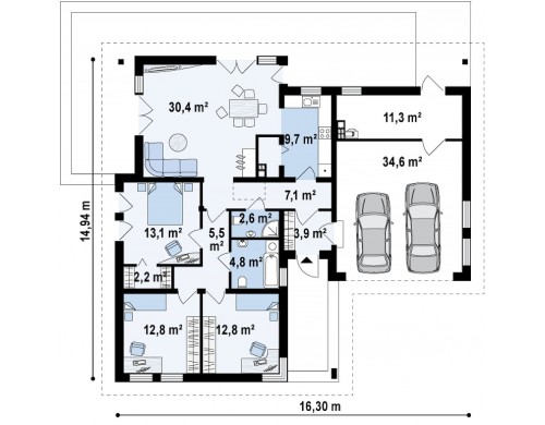 Проект функционального одноэтажного дома. Ночная зона во фронтальной части, кухня со стороны сада - Z204