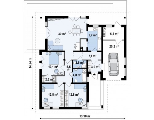 Проект Z204 GP Вариант проекта одноэтажного дома Z204 с гаражом для одной машины.  Проекты домов и гаражей