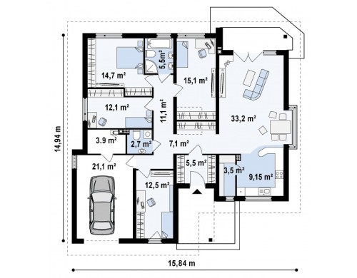 Проект одноэтажного дома с четырьмя спальнями и гаражом - Z205