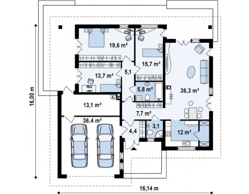 Проект одноэтажного дома с гаражом для двух автомобилей и большим хозяйственным помещением - Z209