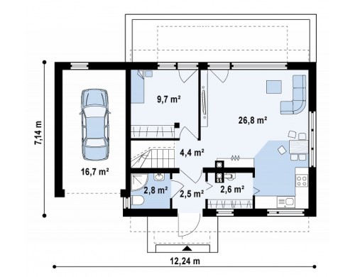 Проект дома с гаражом для одной машины, с большими окнами в гостиной - Z217