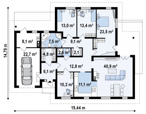 Проект комфортного одноэтажного дома с гаражом, с многоскатной крышей - Z22