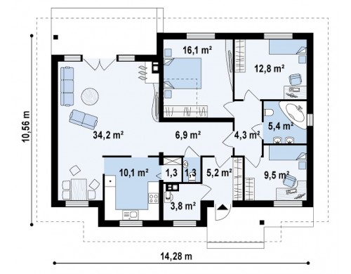 Проект компактного и удобный одноэтажный дом с многоскатной крышей - Z23