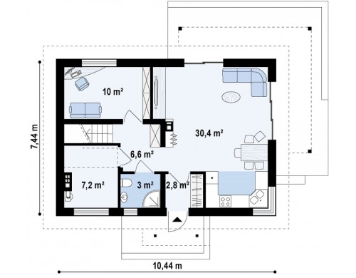 Проект компактного дома простой формы с угловым окном в кухне и светлой гостиной - Z233