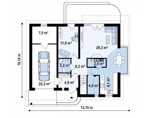 Проект комфортного дома с мансардой, со стеклянным эркером и гаражом - Z234