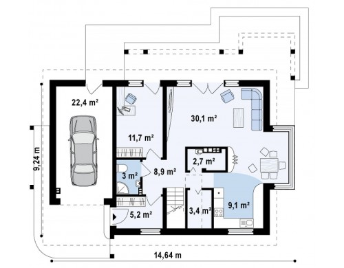 Проект дома с гаражом для одной машины, со стеклянным эркером и балконами - Z235
