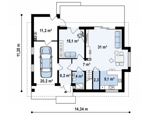 Проект дома с мансардой, с большим техническим помещением и кабинетом на первом этаже - Z239