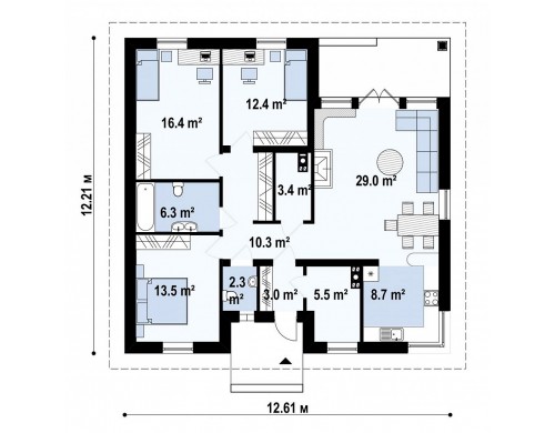 Проек практичного одноэтажный дом с многоскатной кровлей и угловым окном в кухне - Z24