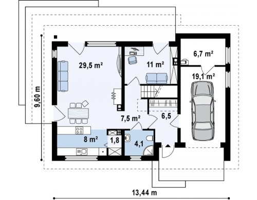 Проект дома простой традиционной формы с гаражом и дополнительной спальней на первом этаже - Z240
