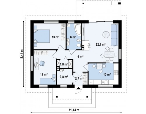 Проект Z253 Компактный, уютный одноэтажный дом с двускатной крышей.  Проекты домов и гаражей
