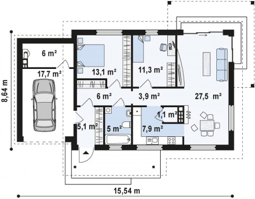 Проект небольшого одноэтажного дома с большой площадью остекления в гостиной - Z259