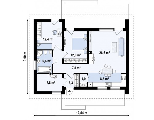 Проект небольшого практичного одноэтажного дома. Есть возможность обустройства чердачного помещения - Z261