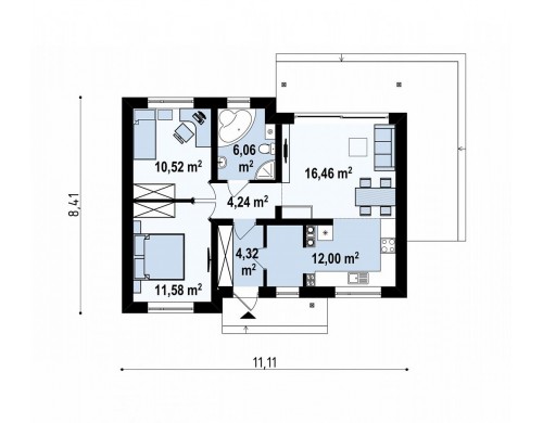 Проект простого и недорогой в строительстве одноэтажного дома небольшой площади - Z262