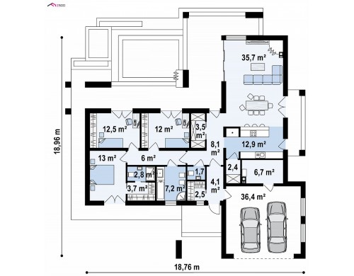 Проект Z277 Одноэтажный дом с четырехскатной кровлей с открытой гостиной  Проекты домов и гаражей