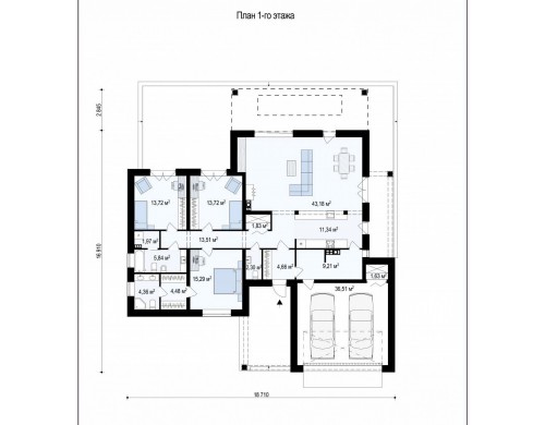 Проект Z282 Одноэтажный коттедж со сложной кровлей и большой комфортной террасой  Проекты домов и гаражей