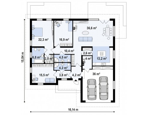 Проект Z303 Комфортный одноэтажный дом, в каждой спальне собственная ванная комната.  Проекты домов и гаражей