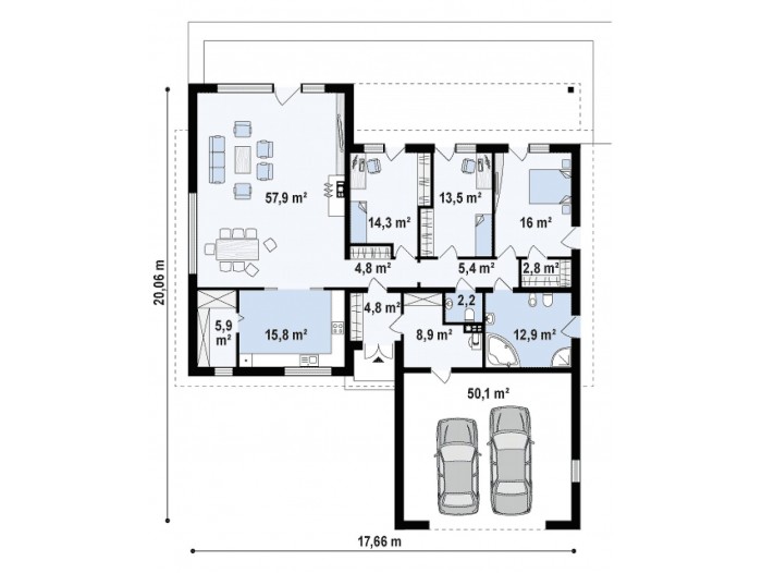 D5354 Проект одноэтажного дома простой формы с двухскатной крышей, гаражом, ванной с окном