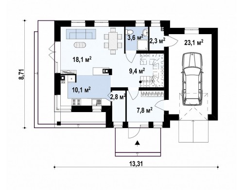 Проект дома с гаражом, с красивым мансардным окном и боковой террасой - Z33