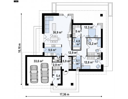 Проект Z333 Проект комфортного одноэтажного дома с гаражом для двух авто.  Проекты домов и гаражей