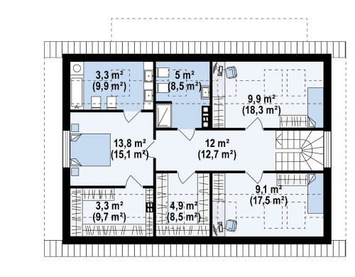 Проект Z343 Классический мансардный дом с двускатной кровлей и 5 комнатами.  Проекты домов и гаражей