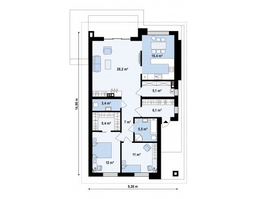 Проект Z356 Одноэтажный дом с четырехскатной кровлей и оригинальным экстерьером.  Проекты домов и гаражей