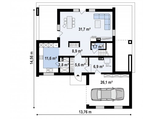 Проект Z364 Проект дома с мансардой, террасой на первом этаже и гаражом на одну машину.  Проекты домов и гаражей