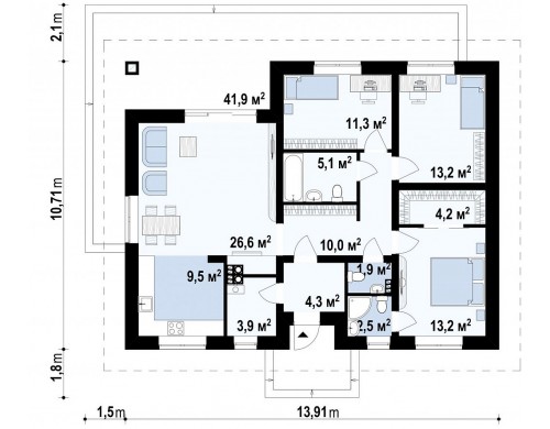 Проект Z368 D Аккуратный одноэтажный дом в традиционном стиле с продуманной планировкой  Проекты домов и гаражей