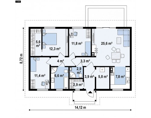 Проект Z369 D Аккуратный одноэтажный дом с деревянной отделкой на фасадах.  Проекты домов и гаражей