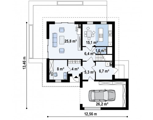 Проект Z371 Мансардный дом с гаражом, расположенным с фронтальной стороны фасада  Проекты домов и гаражей