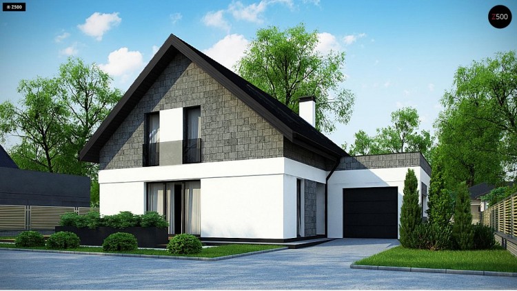 Проект Z371 Мансардный дом с гаражом, расположенным с фронтальной стороны фасада  Проекты домов и гаражей