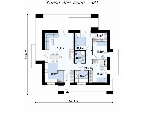 Проект Z381 Компактный одноэтажный дом с двускатной крышей и 3 спальнями  Проекты домов и гаражей
