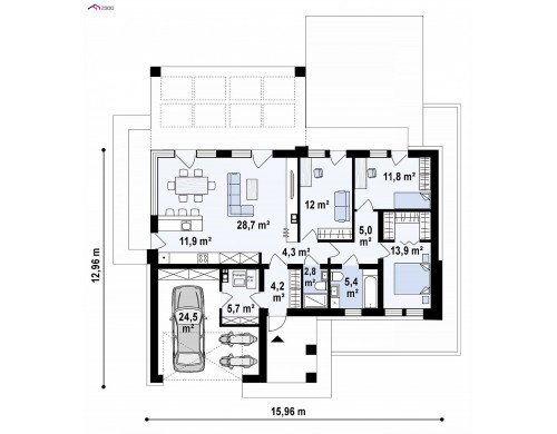 Проект Z384 Компактный одноэтажный коттедж с гаражом для одной машины  Проекты домов и гаражей